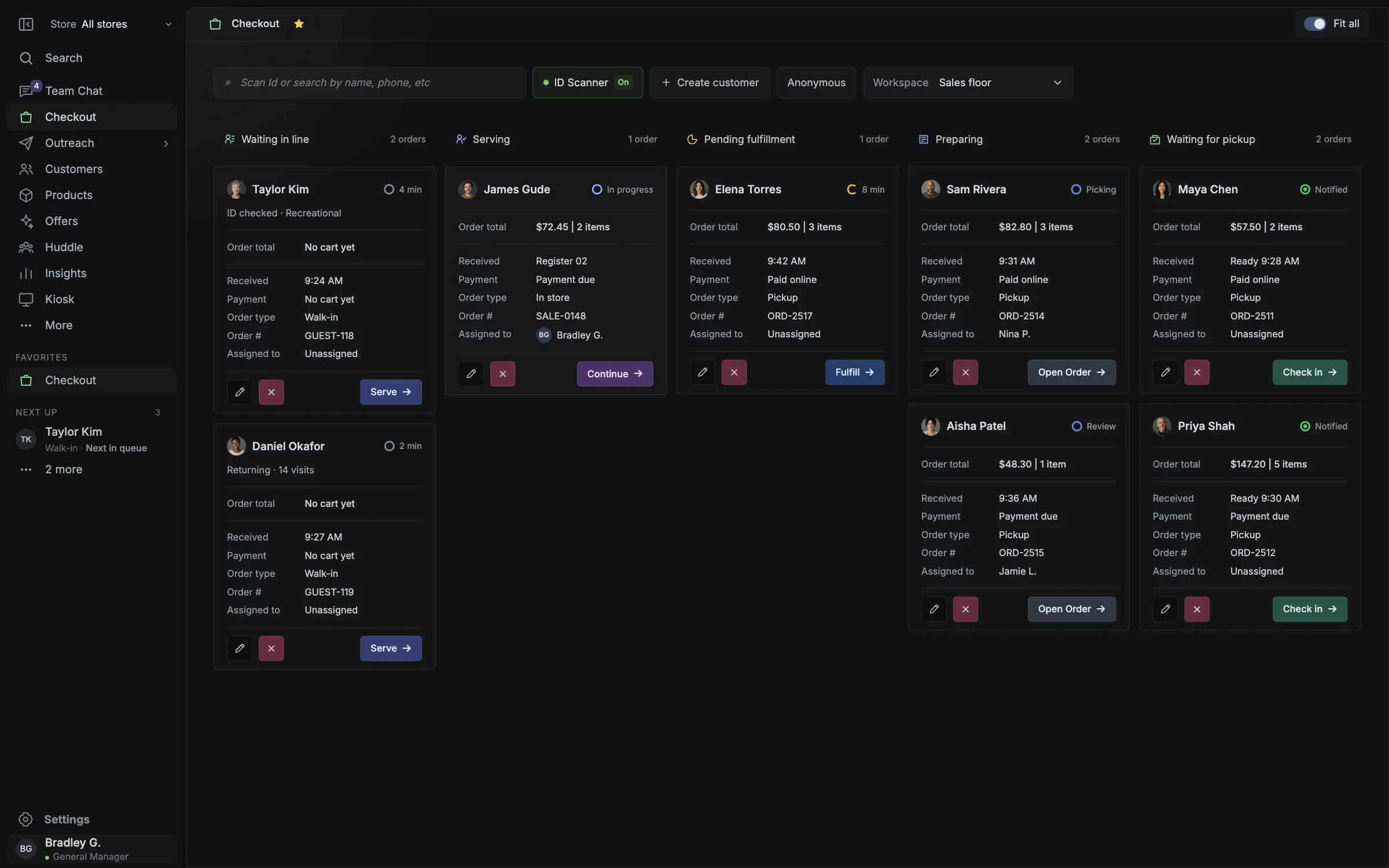 Blackleaf checkout queue in Sales floor mode with waiting, serving, pending fulfillment, preparing, and waiting for pickup columns.