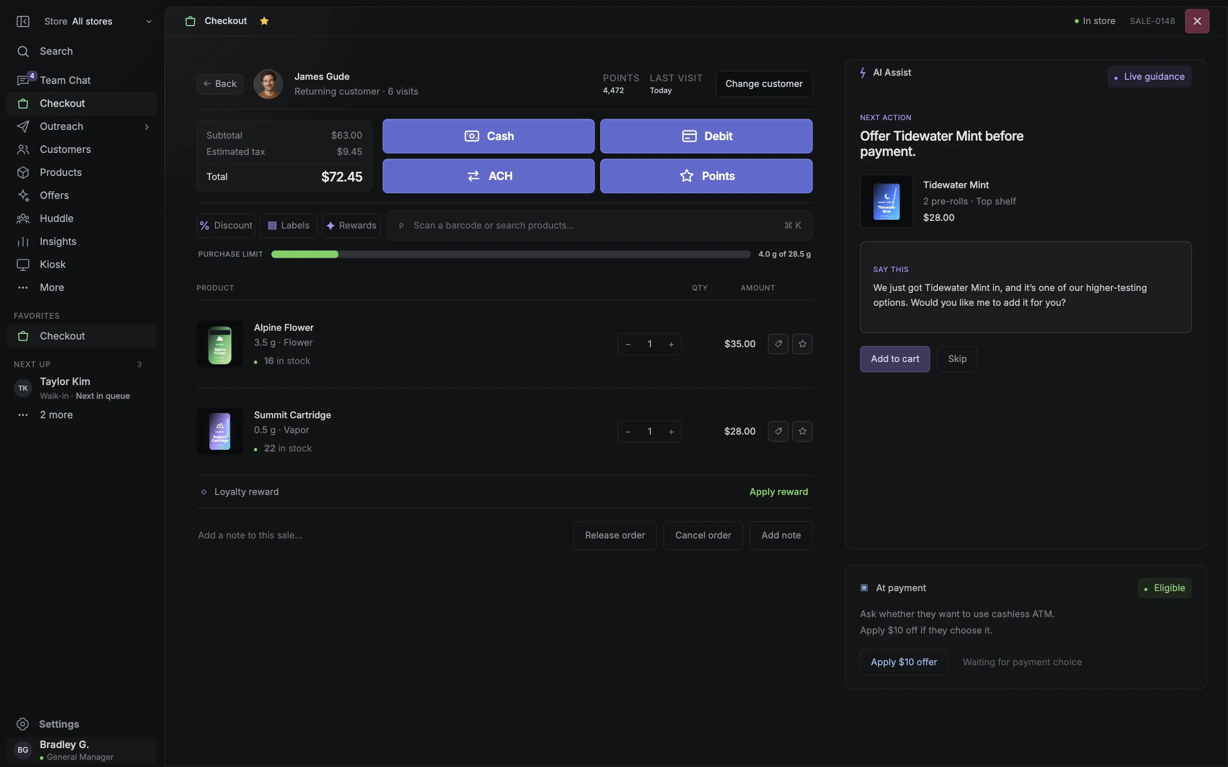 Blackleaf sample checkout for James Gude showing his basket, payment choices, and AI Assist beside the sale.