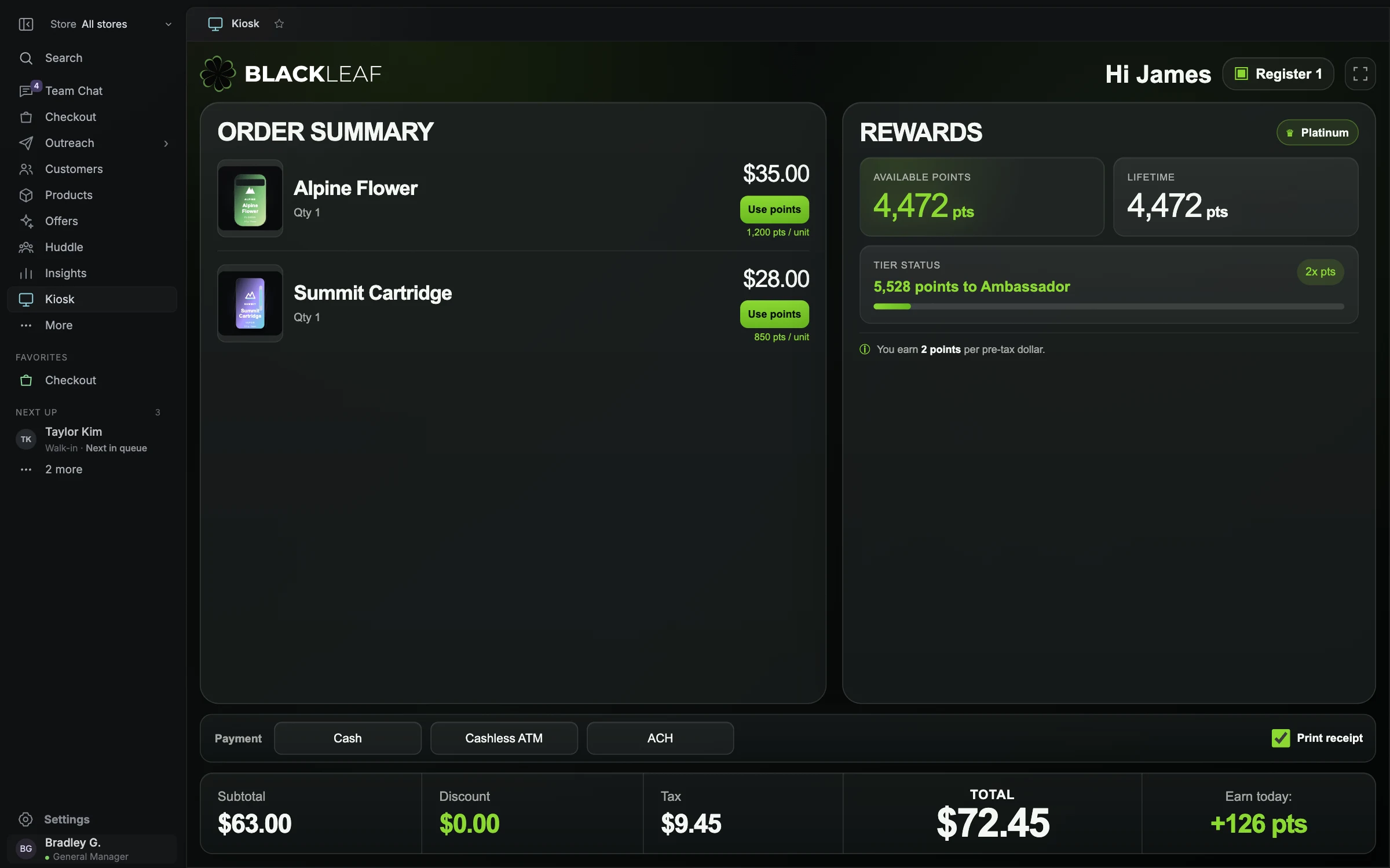 Blackleaf paired customer display showing a sample basket, rewards balance, payment choices, and order total.