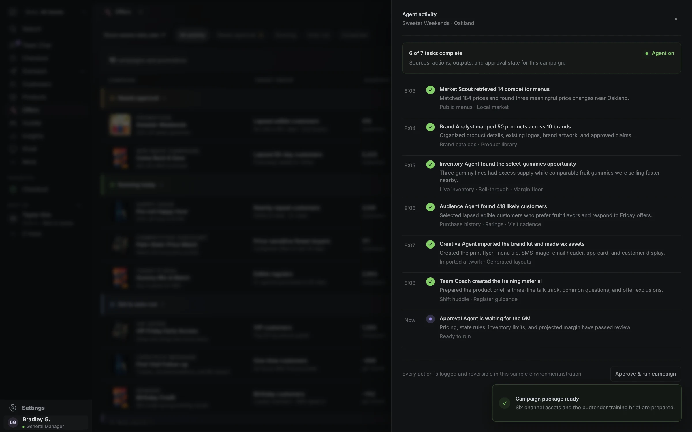 Blackleaf campaign activity panel showing sample AI tasks for inventory, audience selection, creative preparation, team coaching, and approval.