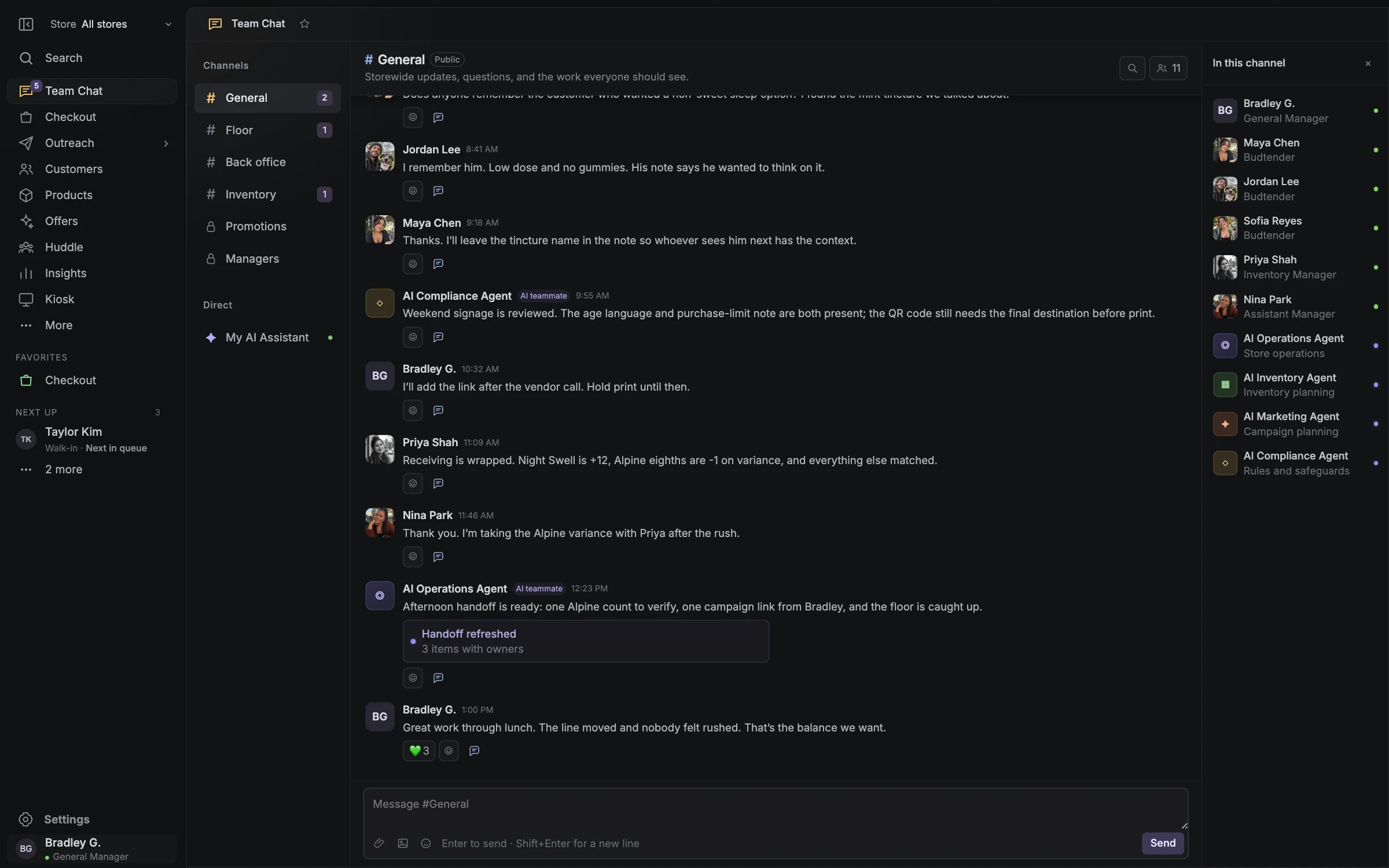 Blackleaf Team Chat workspace with team channels, sample staff conversations, an AI-prepared shift handoff, and channel members.