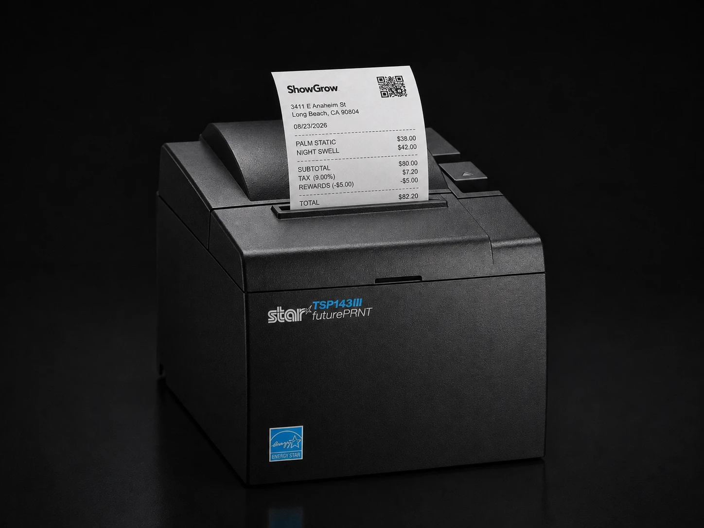 Star receipt printer producing a ShowGrow Long Beach receipt with a fictional QR-style rewards mark