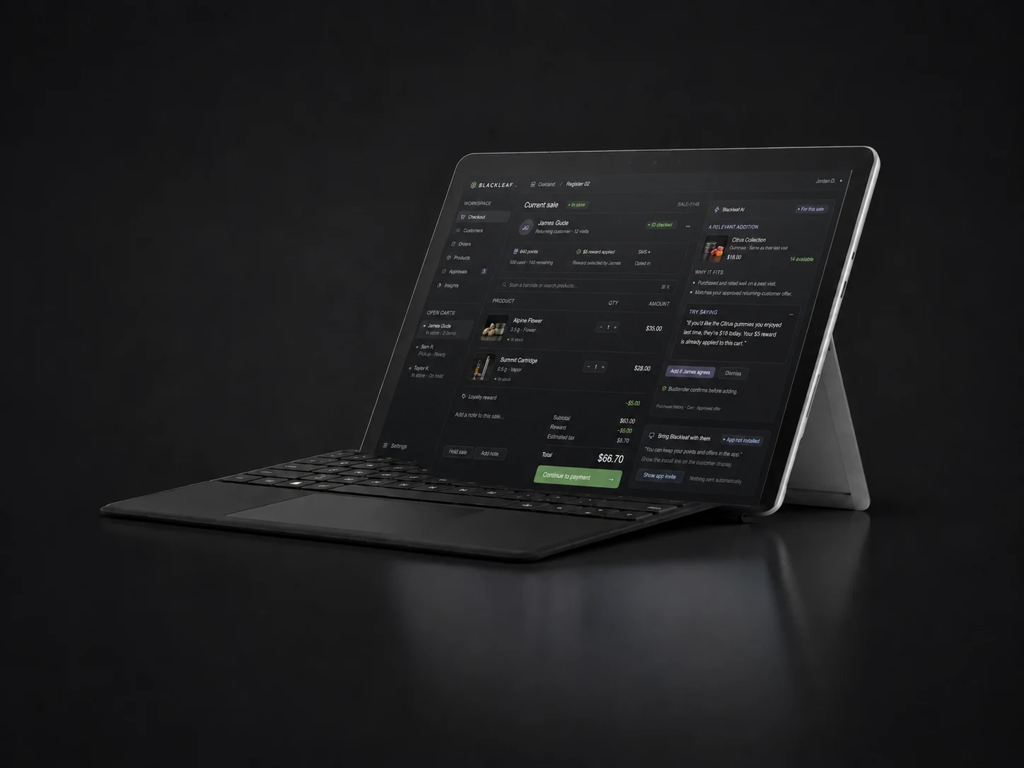 Windows Surface tablet displaying the Blackleaf Dispensary POS workspace