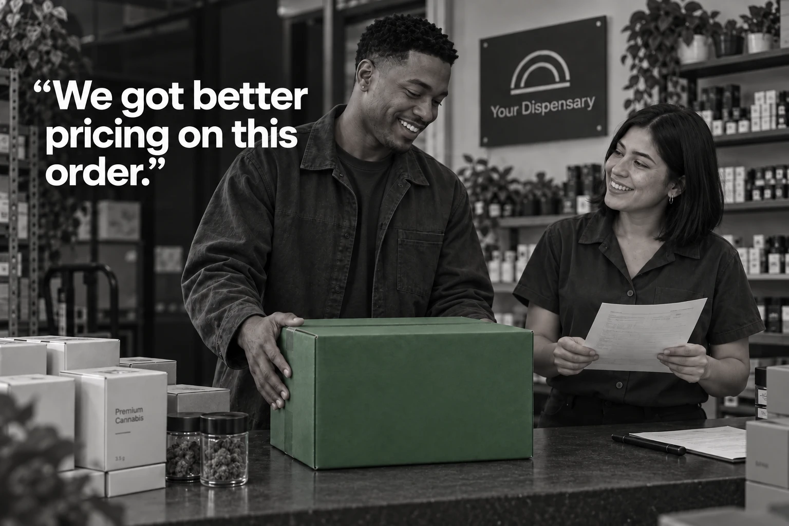 A manager reviews a wholesale order as a vendor presents a plain forest-green carton in an otherwise black-and-white scene. We got better pricing on this order.
