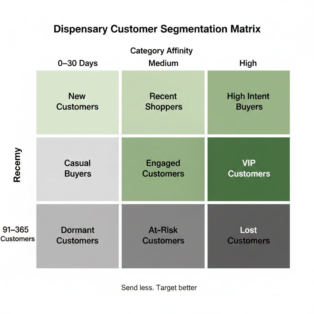 Dispensary customer segmentation matrix chart showing recency and category affinity segments such as new customers, engaged customers, VIP customers, at-risk customers, and lost customers.