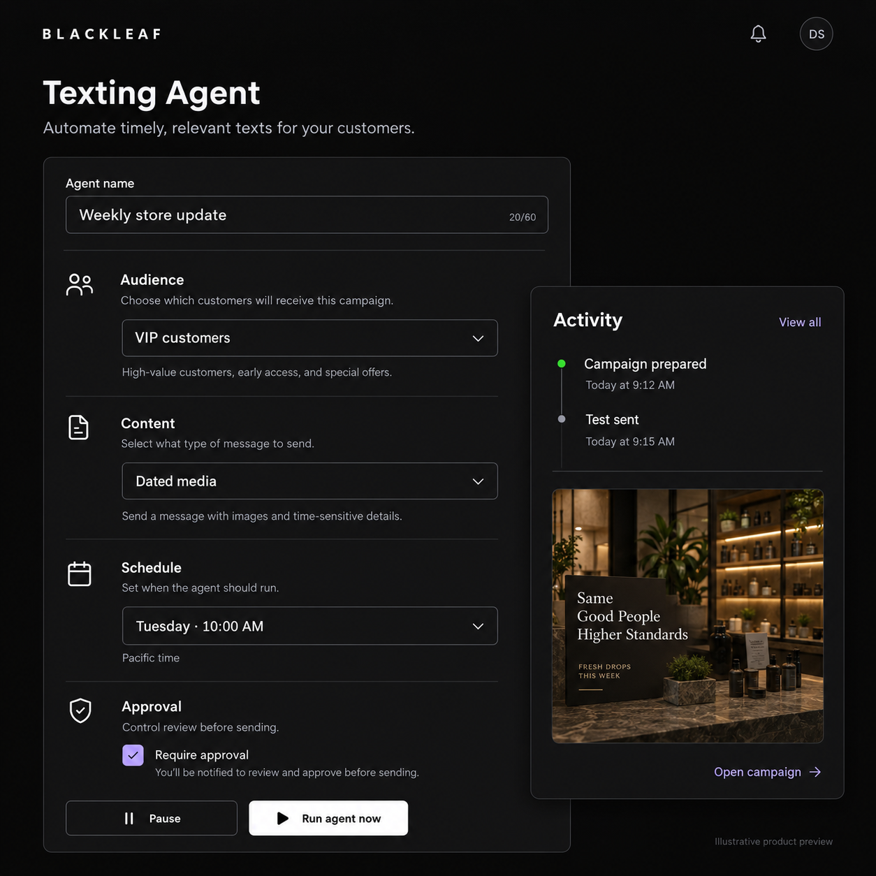 Illustrative Blackleaf Texting Agent controls for audience, dated media, schedule, approvals, and campaign activity.