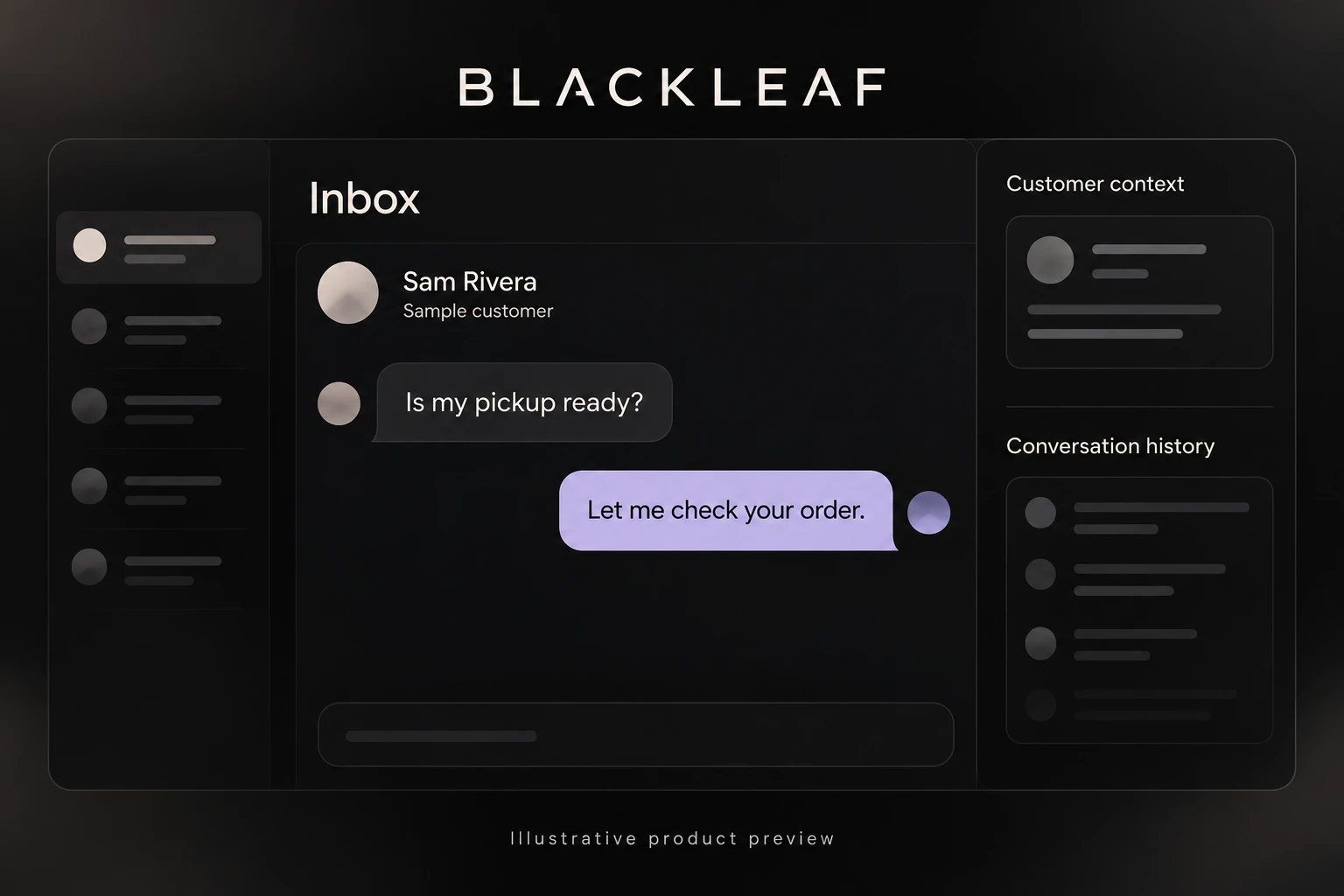 Illustrative product preview: a sample pickup question and staff reply beside customer context and conversation history.