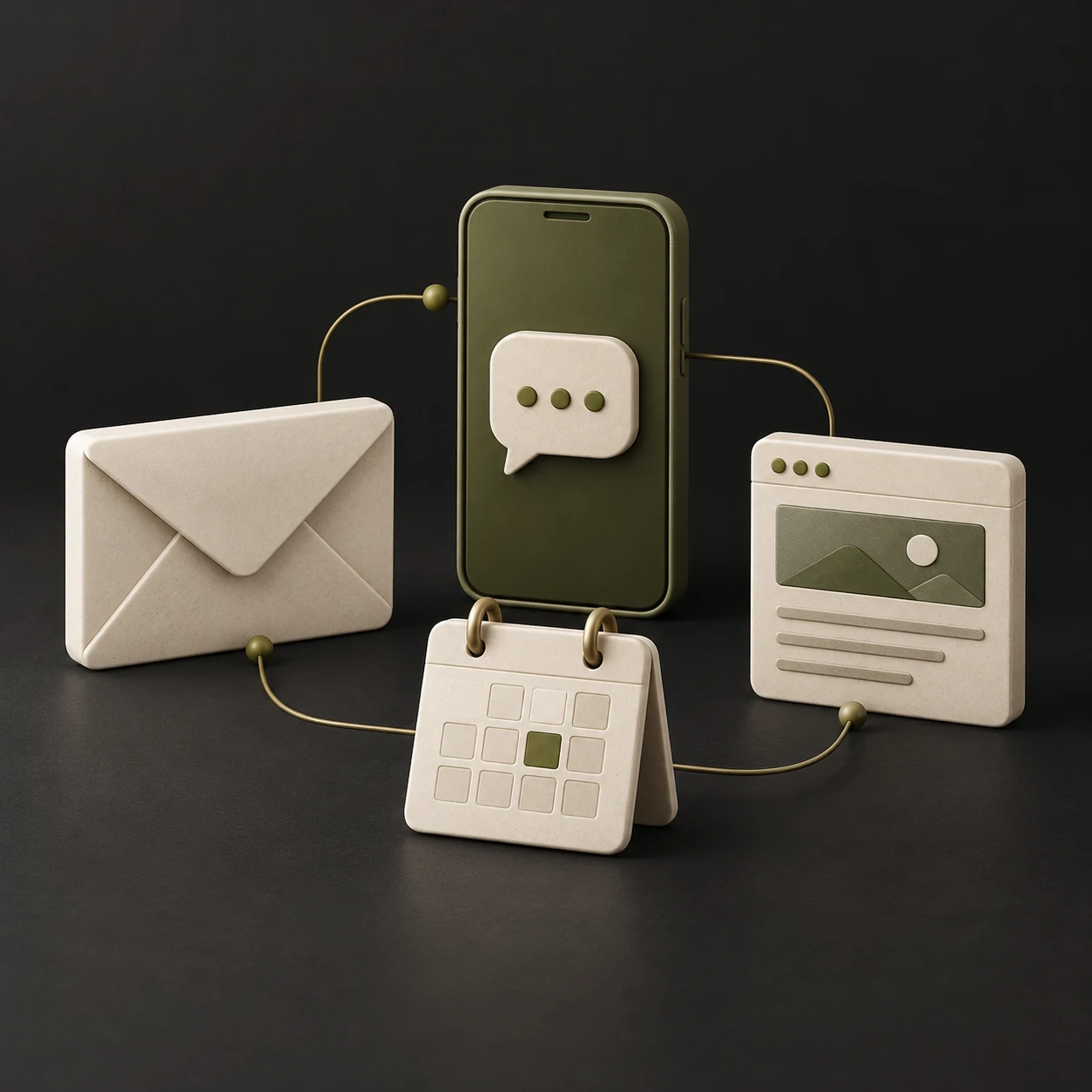 Conceptual email envelope, SMS phone, website panel and calendar connected as a customer-communication channel stack.