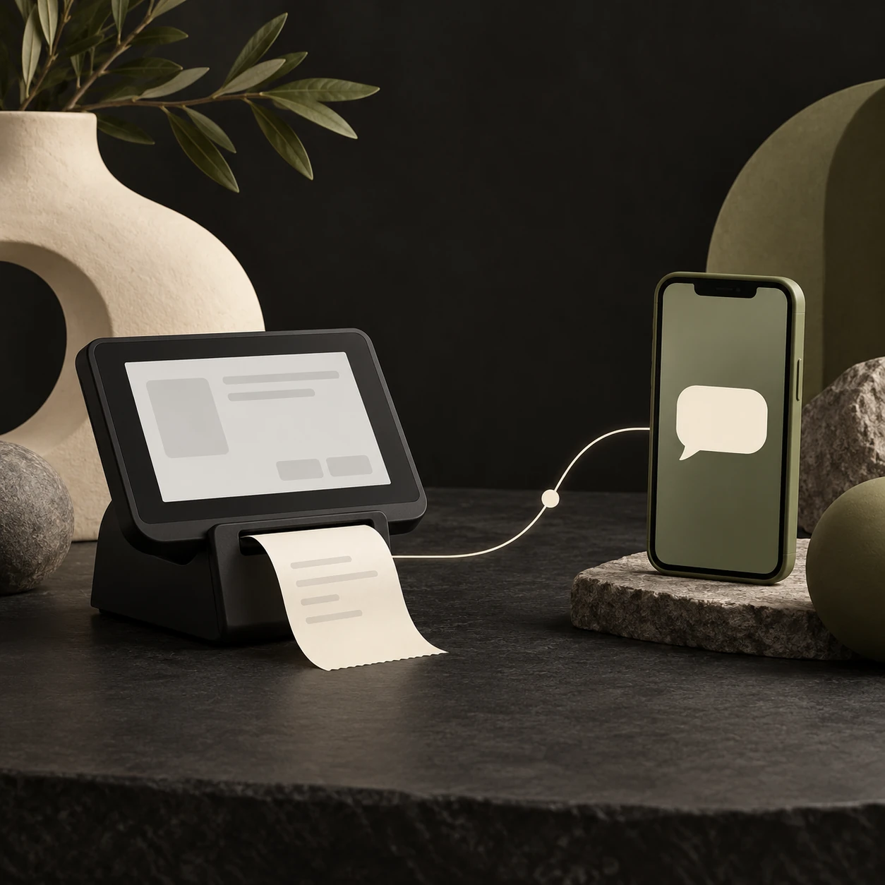 Conceptual checkout tablet and receipt connected to a separate SMS phone; no product certification or award is depicted.
