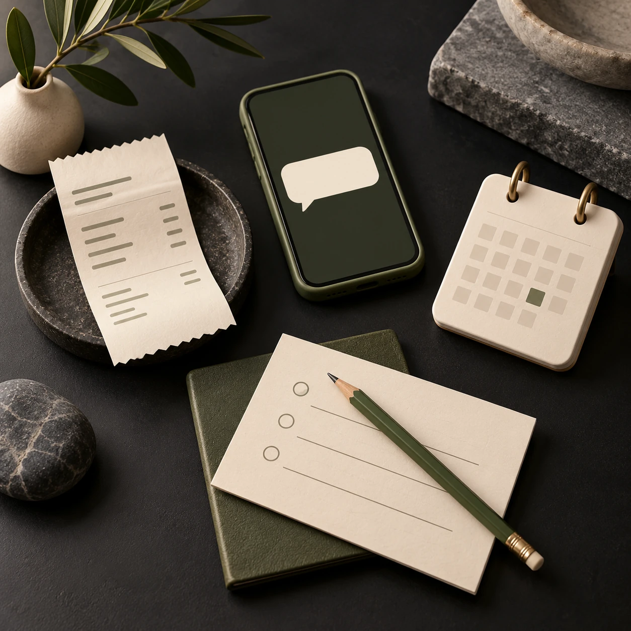 Conceptual purchase receipt, SMS phone, calendar and planning card for one useful post-purchase follow-up.