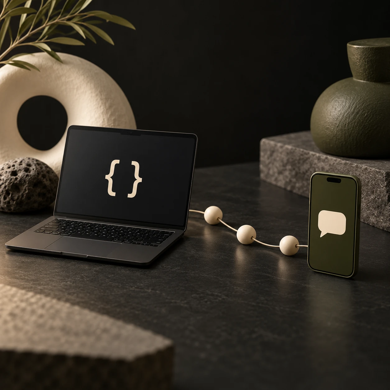 Conceptual laptop with code braces connected through event nodes to an SMS phone; not an actual API screen.
