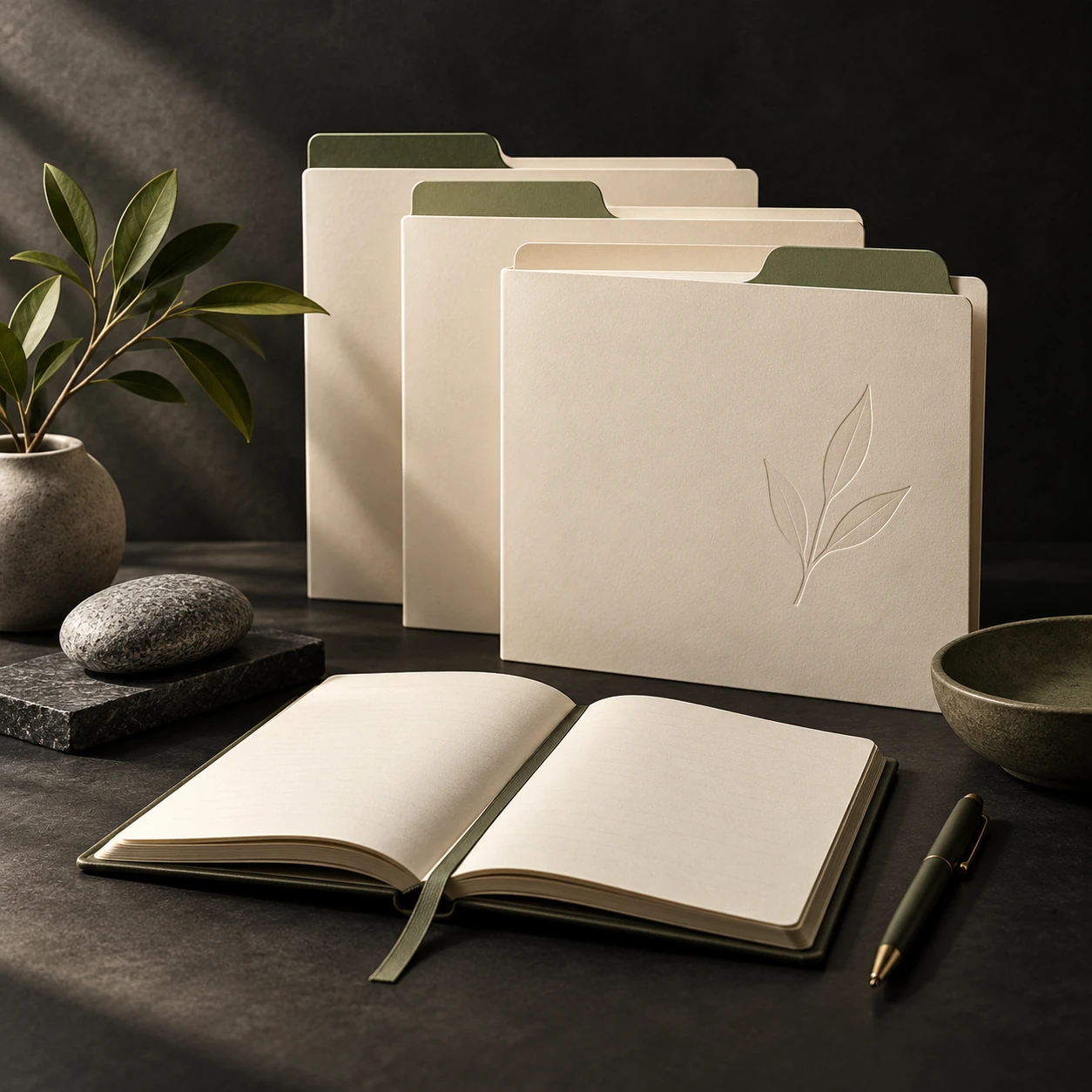 Conceptual document folders with index tabs beside an open notebook, illustrating questions about regulatory changes.