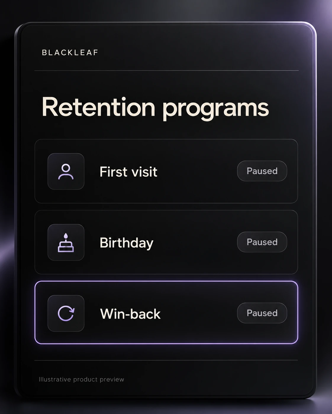 Illustrative product preview: first-visit, birthday and win-back program rows, each shown paused.