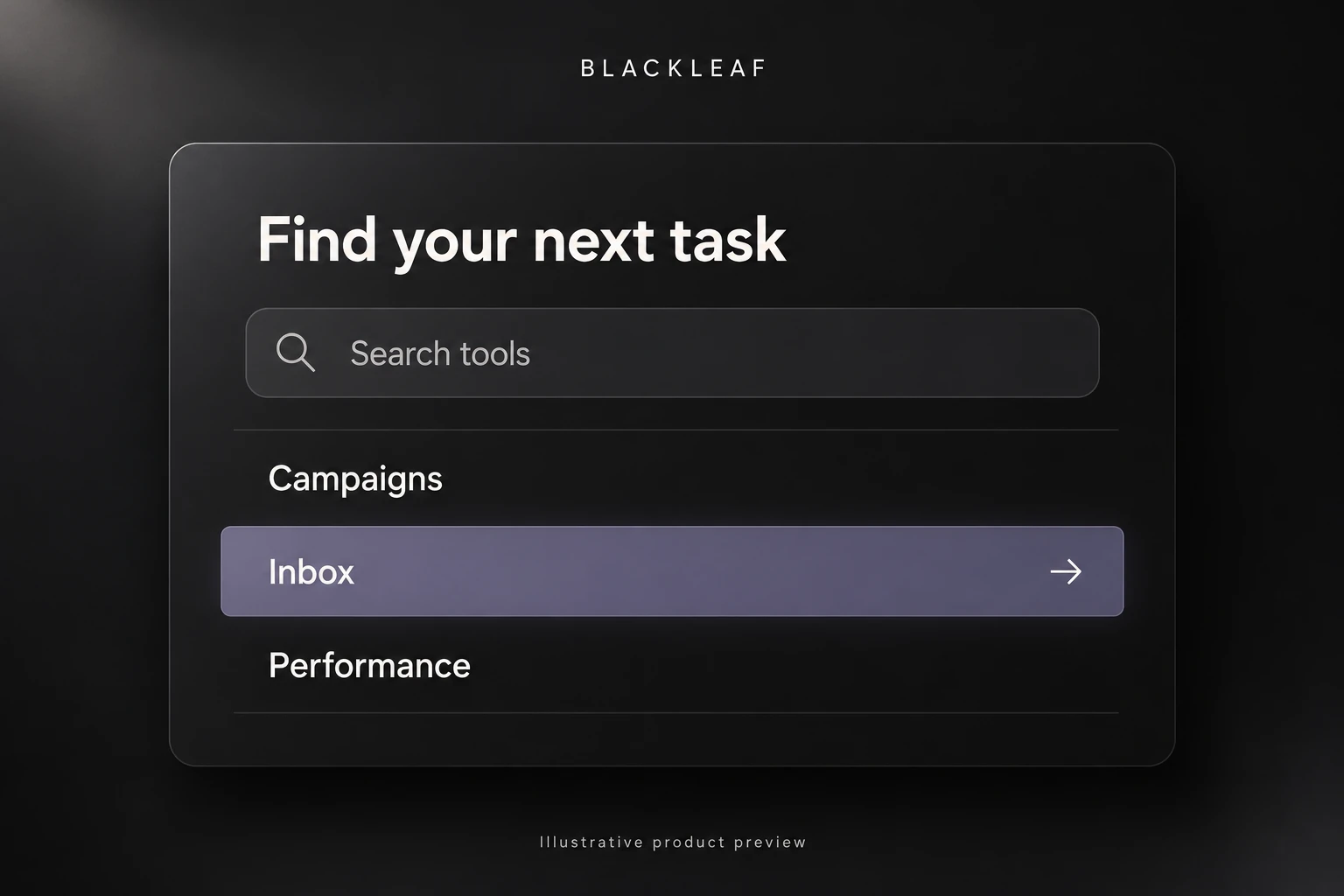 Illustrative product preview: a workspace search panel lists Campaigns, Inbox and Performance.