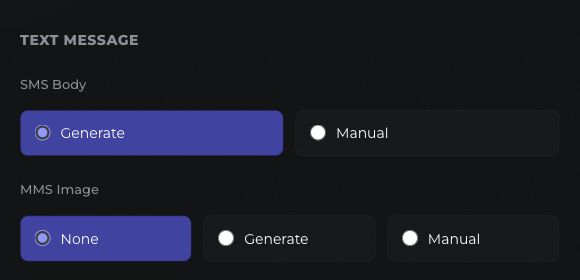 Actual Blackleaf Texting Agent controls with Generate and Manual choices for SMS, plus None, Generate, and Manual choices for MMS.